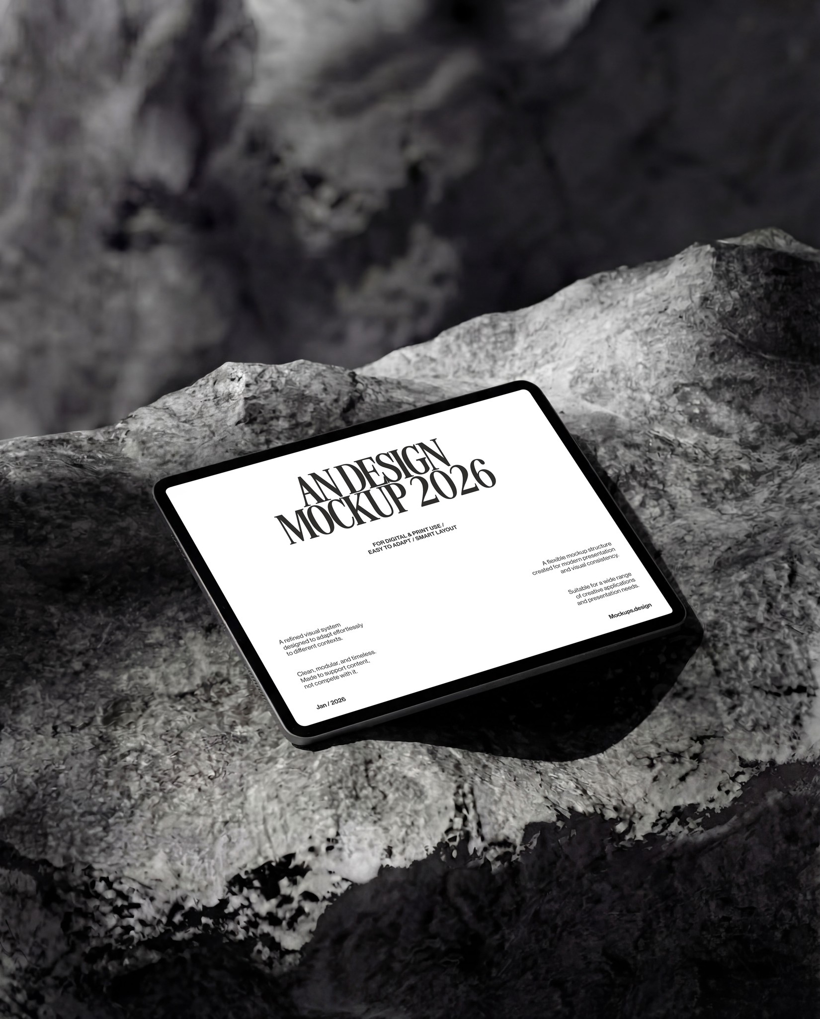 iPad mockup on dark rock surface, realistic device display