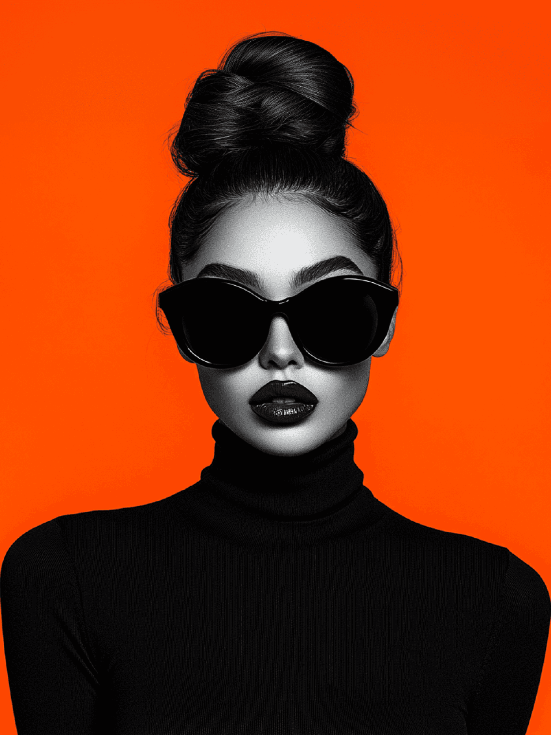 Front view, black and white portrait of a woman in sunglasses against orange.