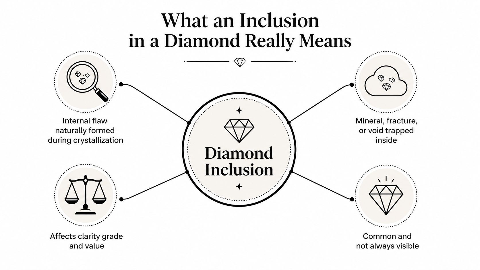 An infographic detailing the meaning of diamond inclusions with four illustrated examples explaining their formation and impact.
