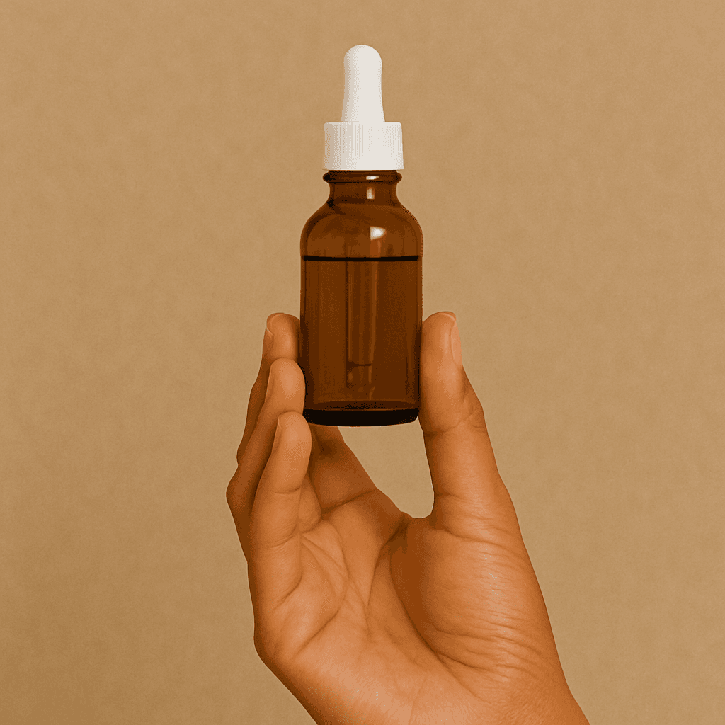 Close-up of hands holding a small glass bottle with a liquid skincare product, against a soft, blurred background