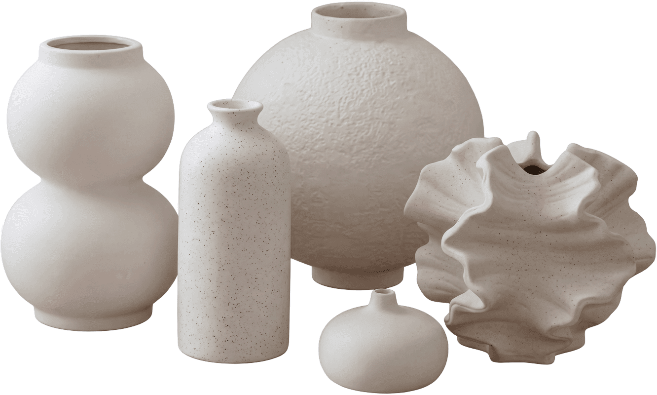 Hand-shaped ceramic vessels, including vases and a bowl, displayed on a round pedestal