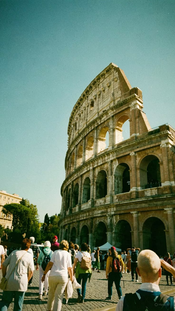 Tourist walking confidently near the Colosseum, keeping a bag securely in front, symbolizing safe travel practices in Rome.