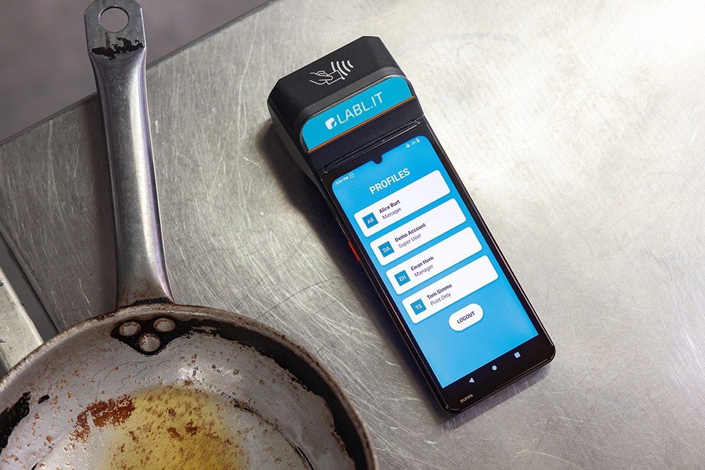 Labl.it device on a countertop in a commercial kitchen.