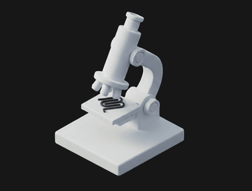 An isometric 3D illustration of a microscope examining the MCP logo