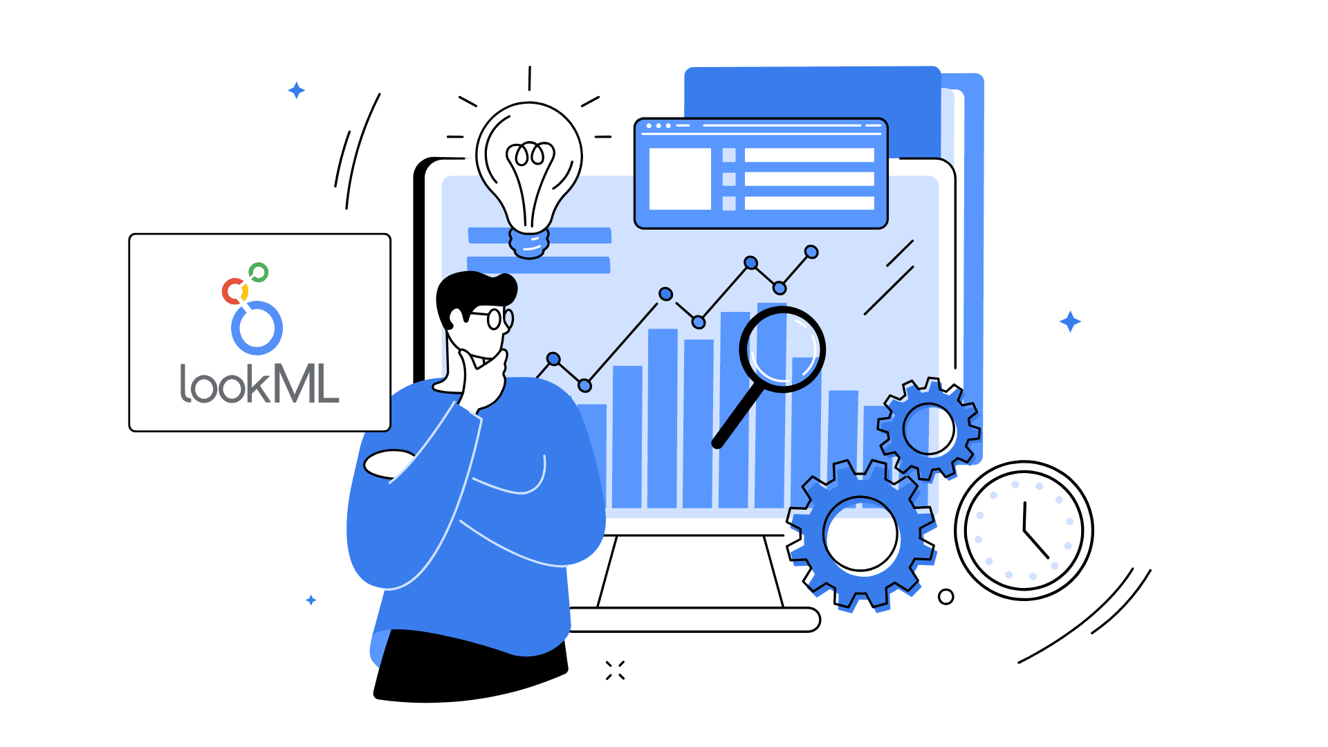 Illustration of a person thoughtfully analyzing data visualizations on a computer screen with LookML logo, representing data-driven insights and analysis.