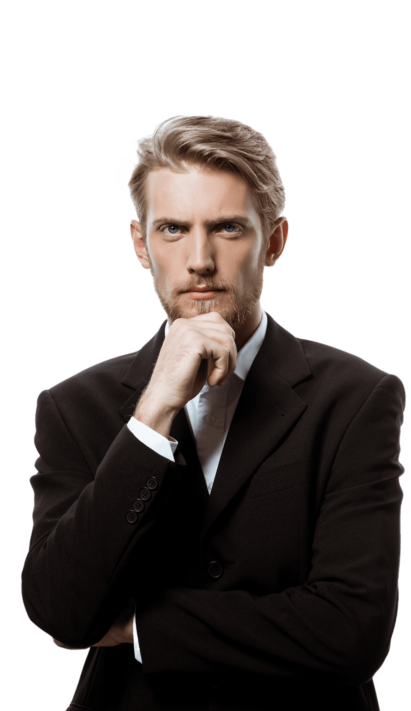 Man in a suit posing thoughtfully with hand on chin.