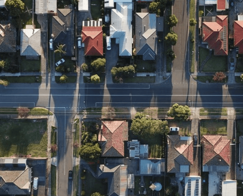 Aerial view of a suburban neighborhood with many houses.