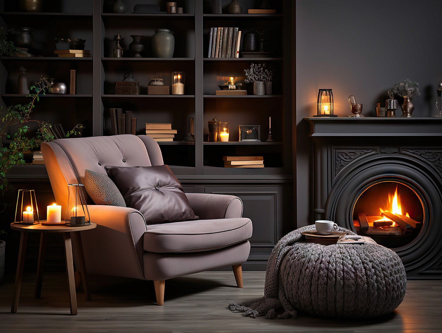 An orange cube-shaped side table is shown.