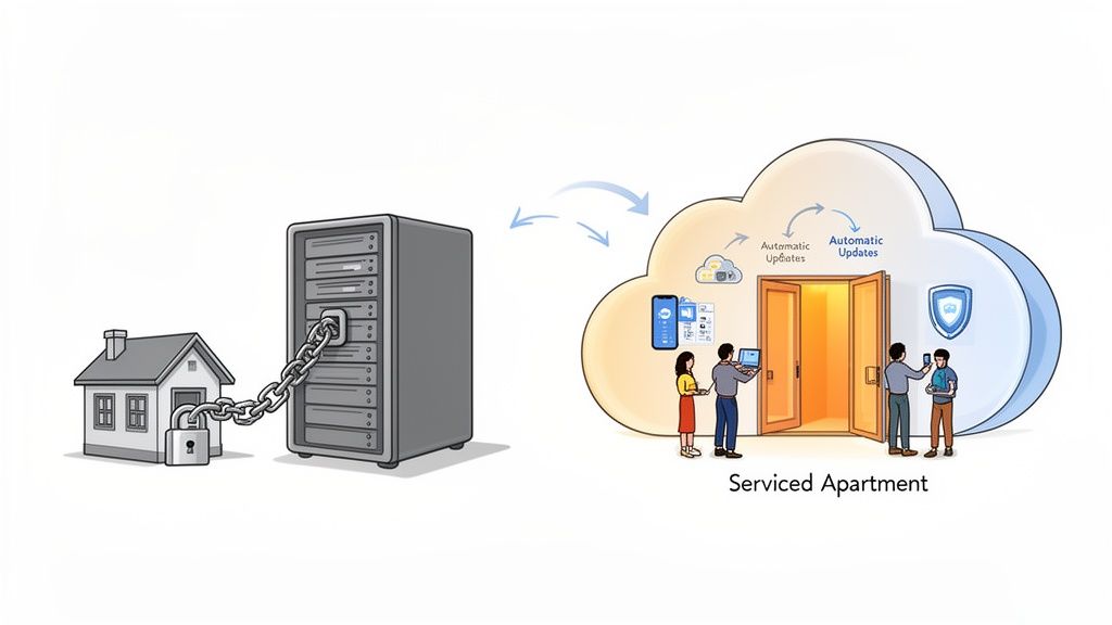 On-premise server chained to a house versus a flexible cloud-based serviced apartment with updates.