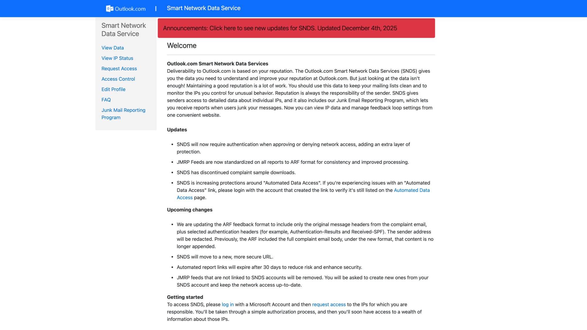 Microsoft SNDS portal showing IP reputation data and junk email reporting for Outlook deliverability tracking