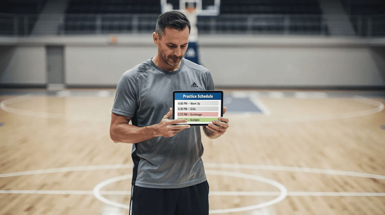 A coach stands on the gym floor, intently checking a tablet that displays the schedule for team practices and classes, utilizing cheer gym management software to streamline operations and manage attendance tracking. The scene captures the essence of organized cheerleading clubs focused on athlete development and efficient communication.