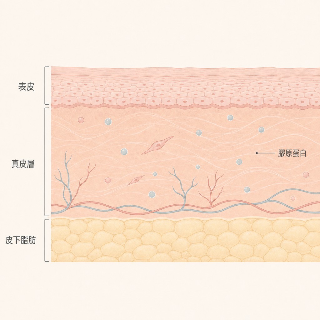 真皮層發生膠原蛋白刺激的皮膚剖面圖