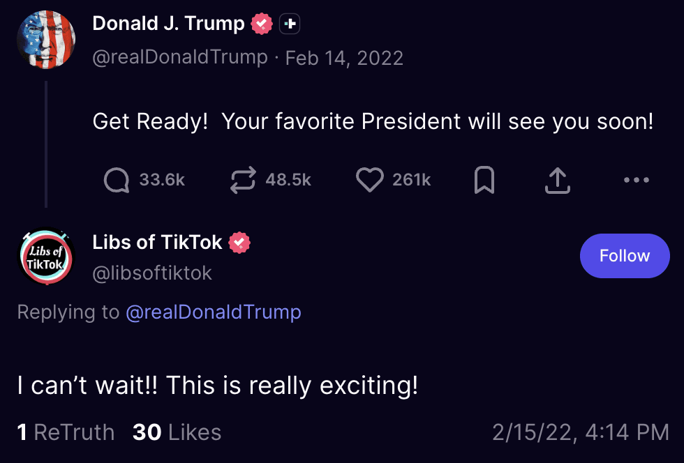 Libs of TikTok’s first post on Truth Social, shared on Feb. 15, 2022: "I can't wait!! This is really exciting!"