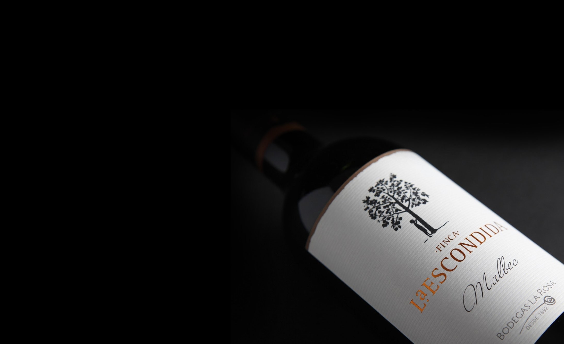 A wine bottle labeled "Finca La Escondida Malbec" lies on a dark surface, showcasing a tree design and elegant typography, conveying sophistication.