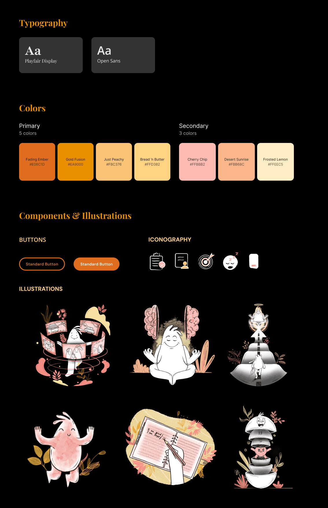 Amaidhi style guide showing Playfair Display and Open Sans typography, warm color palette with orange, gold, peach and cream tones (Finding Ember, Gold Fusion, Just Peachy, Bread n Butter, Cherry Chip, Desert Sunrise, Frosted Lemon), button styles with orange accents, wellness iconography including meditation and mindfulness symbols, and whimsical illustrations featuring meditation poses, brain health, personal growth journey, goal setting, and self-reflection characters in soft pink and neutral tones