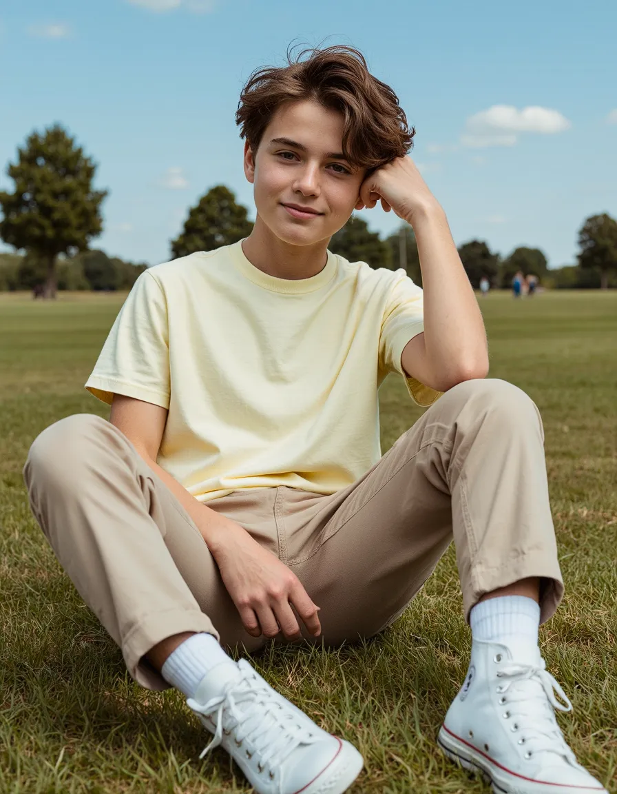 Person in light yellow t-shirt and beige pants sitting on grass in a park on a sunny day, wearing white sneakers with casual pose