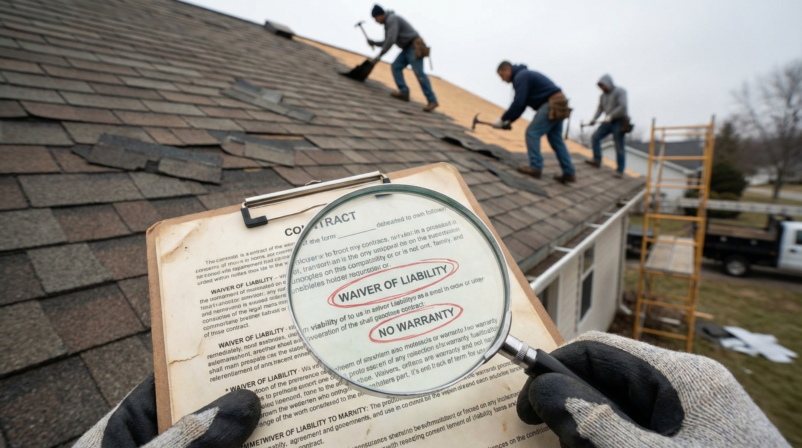 A comparison between a damaged roof needing repair and a professional roofing installation.