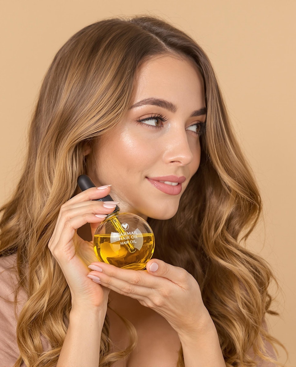 A woman with long wavy blonde hair and natural makeup, smiling while holding a round glass bottle of golden hair oil close to her face against a soft beige background.