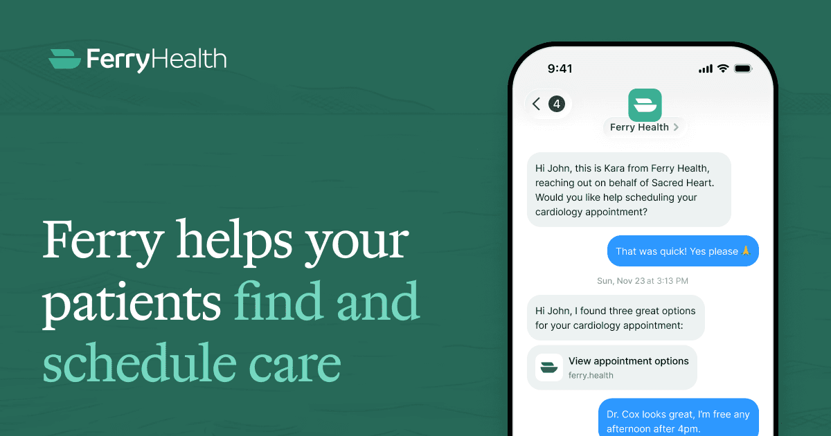 Ferry Health product graphic showing a text-message conversation about finding and scheduling care