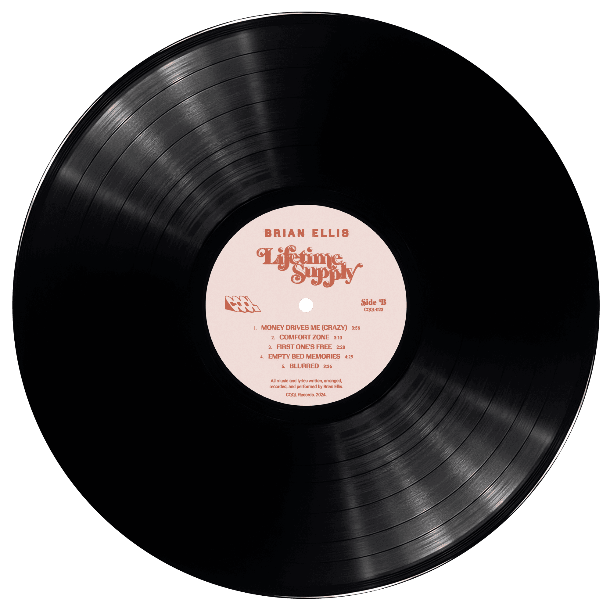 Vinyl record with a very light pink label on a white background