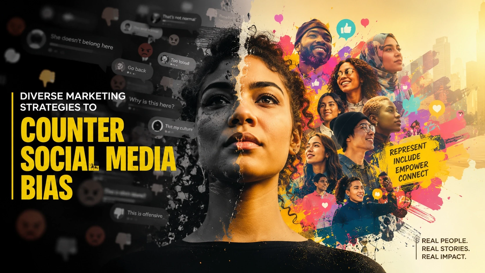 Diverse marketing strategies to counter social media bias cover with inclusive creators and hate comment bubbles