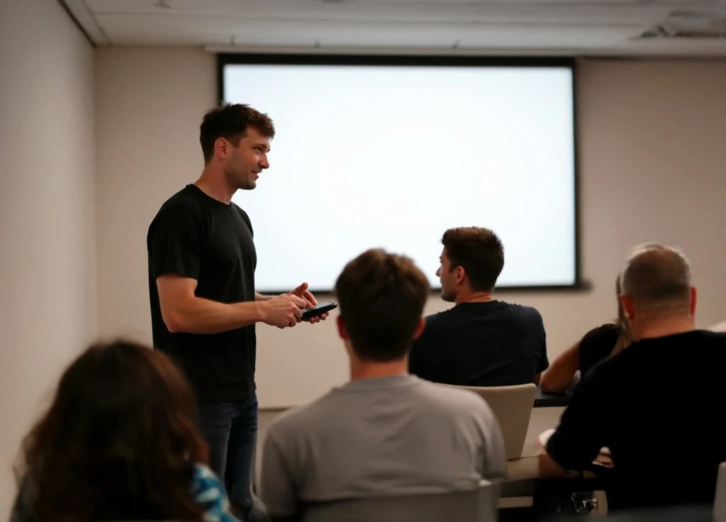 A person stands at the front of a classroom, engaging with seated attendees, with a blank projector screen in the background; the scene captures a learning or presentation environment.