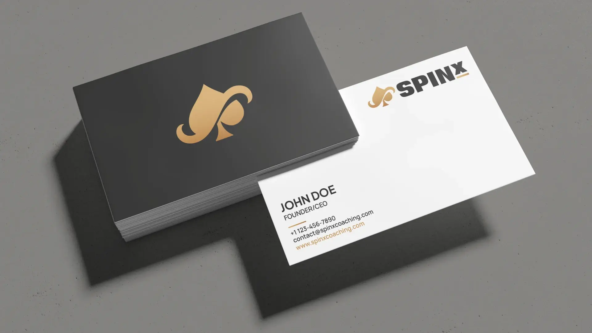 Business card mockup for Spinx featuring a gold ace-of-spades logo and founder contact details.