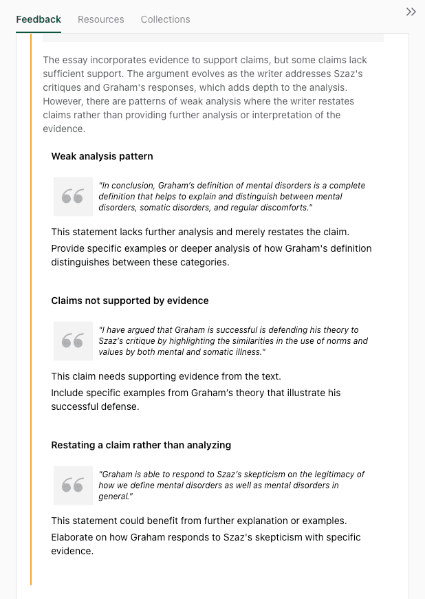 thesify feedback panel highlighting weak analysis patterns, unsupported claims, and restated claims with example quotes and revision prompts.