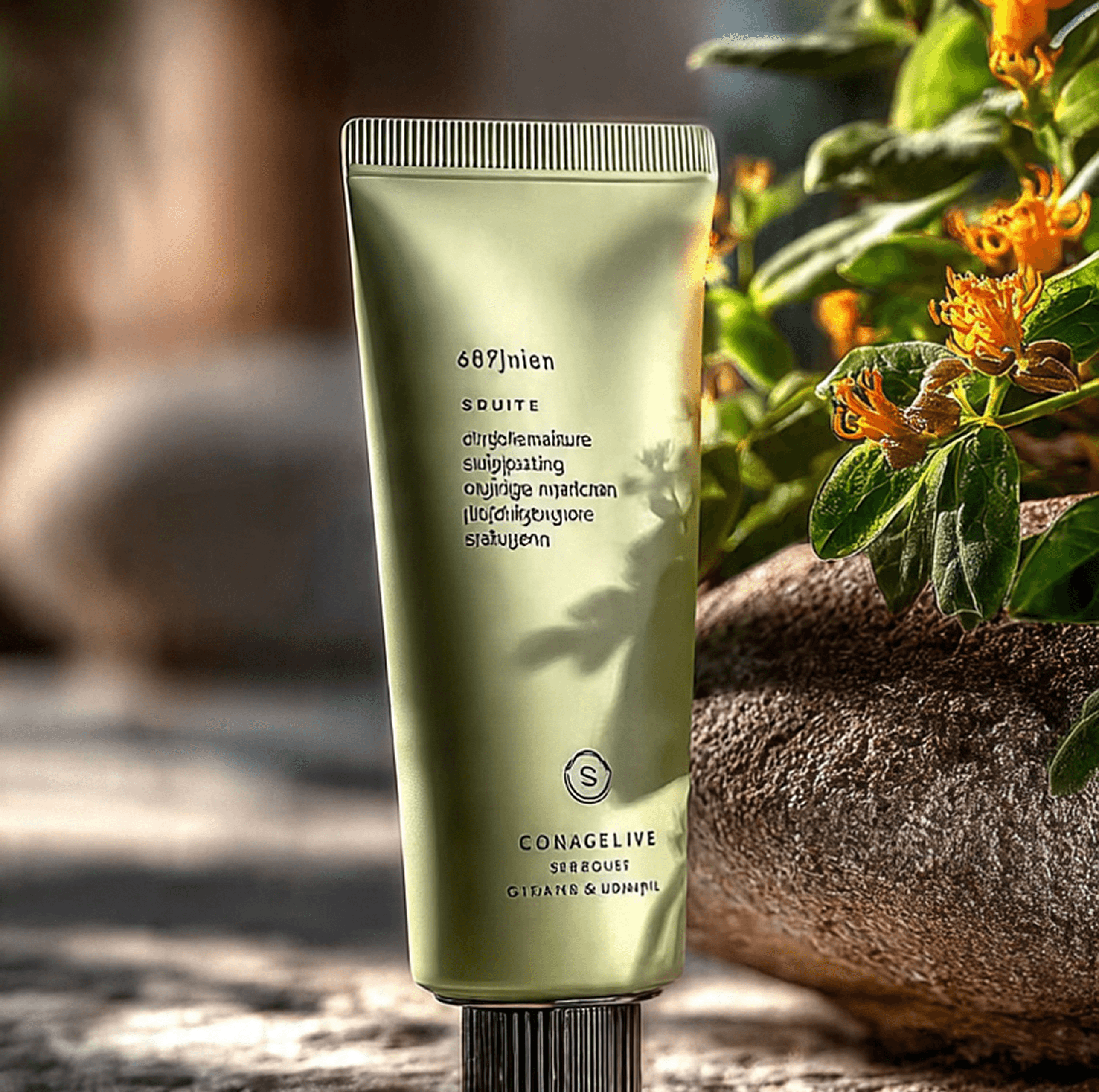 A green skincare or cosmetic tube with text and a logo, placed outdoors next to a rock and an orange flowering plant.