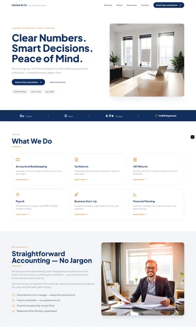 Accountant website prompt — clean white and deep navy with amber accountant financial advisor website design preview