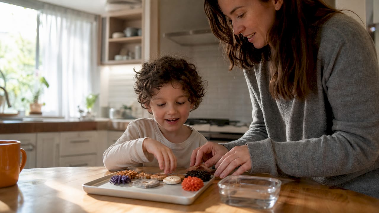 Caregiver helping autistic child with sensory toys