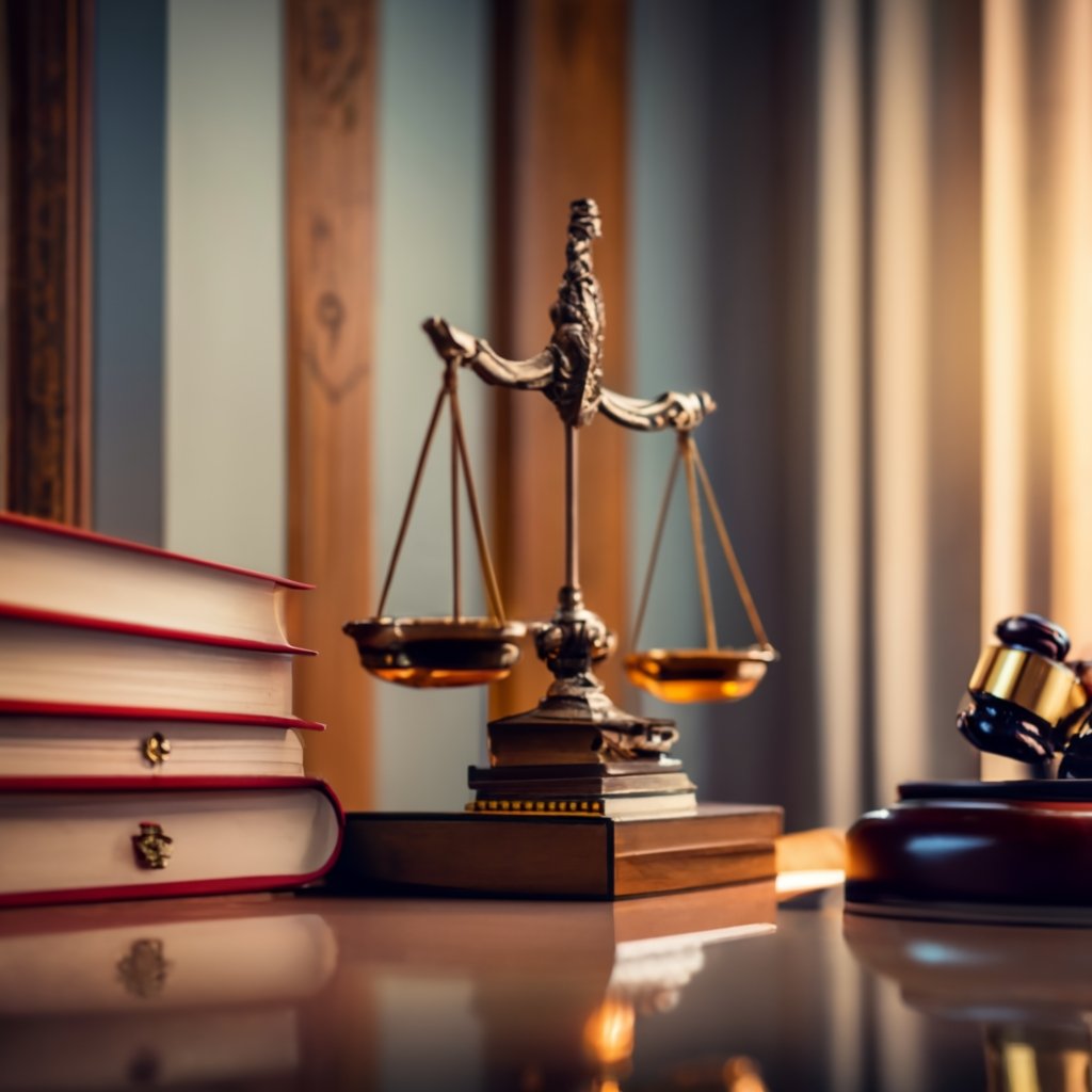 Courtroom with balanced scale and immigration law book, representing the U.S. Immigration Lawyers Association.