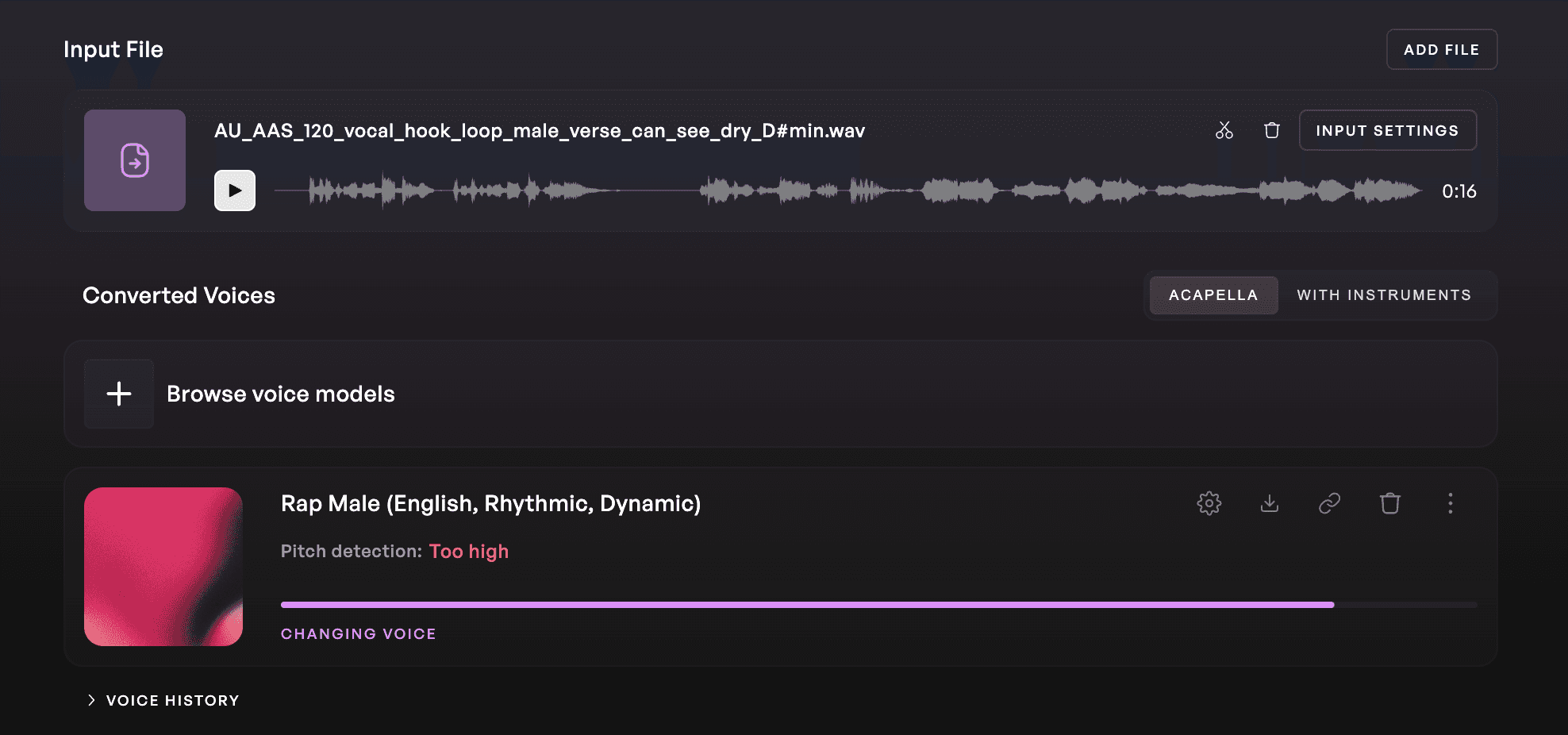 Voice conversion page with Male UK Rap voice selected