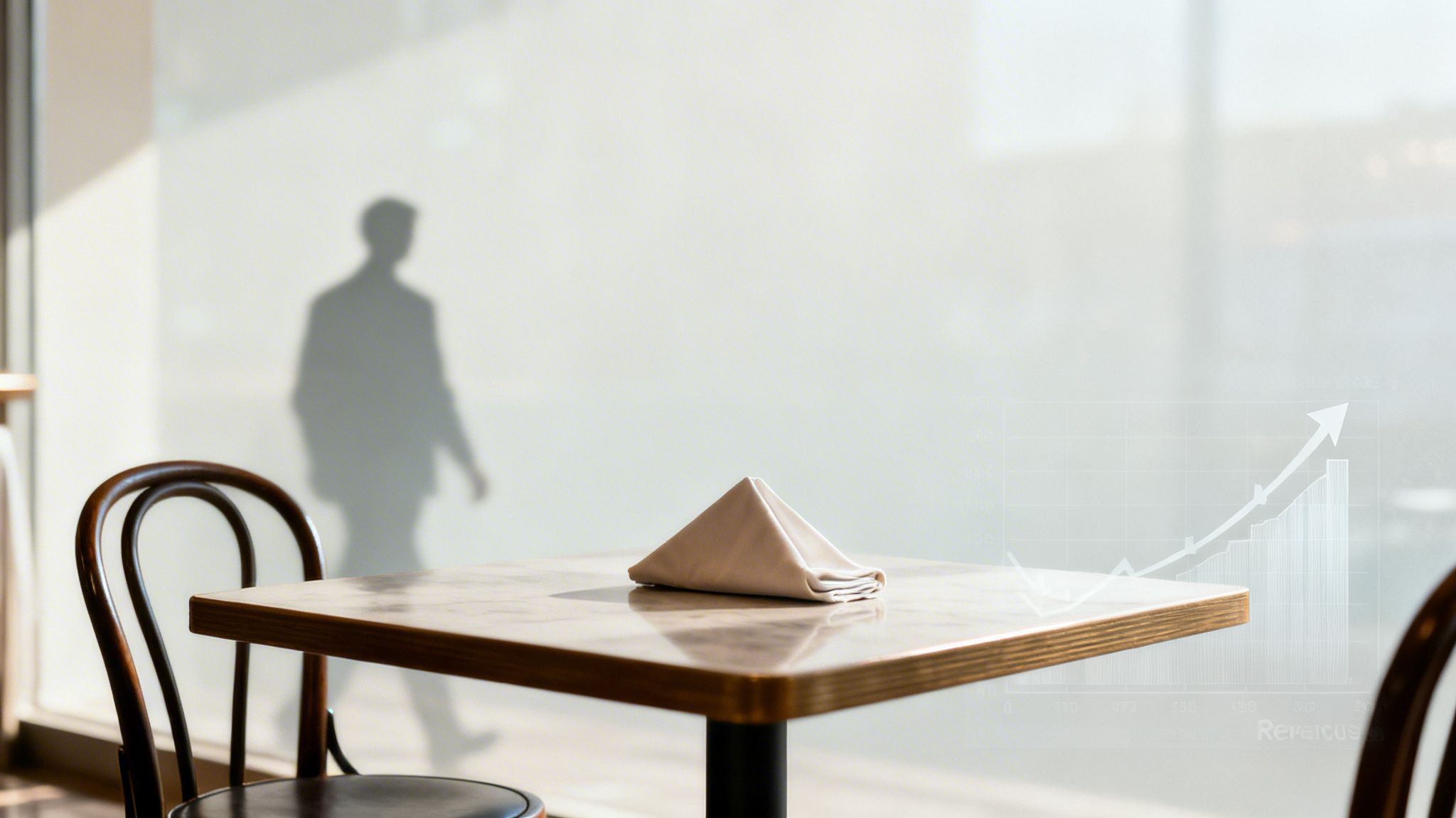An empty cafe table with a folded napkin, a walking silhouette, and an overlayed growth chart.