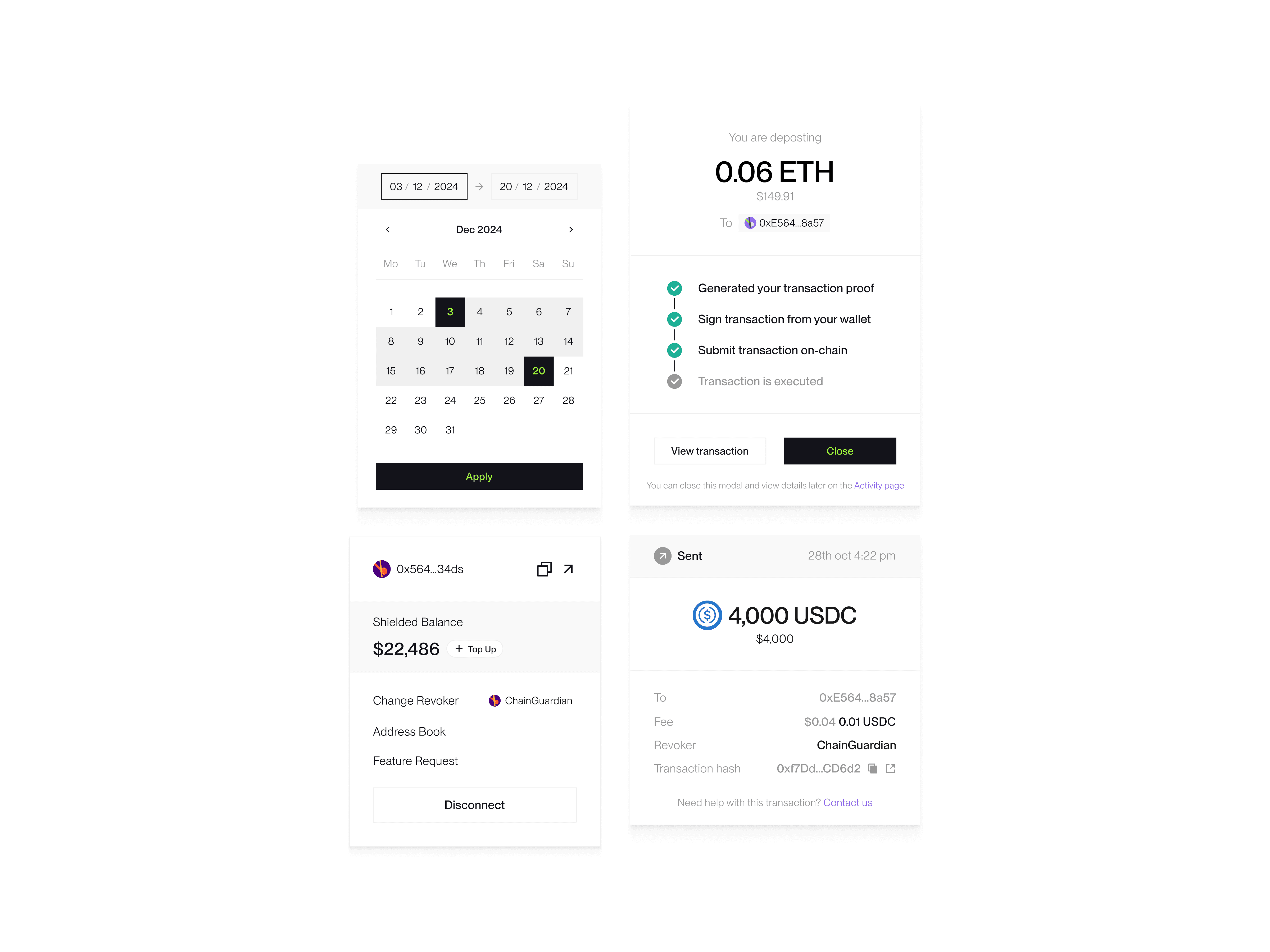 Private DeFi wallet UI components in Labyrinth showing date selector, steps while completing deposit flow, shielded balance, and detailed transaction record with revoker detail