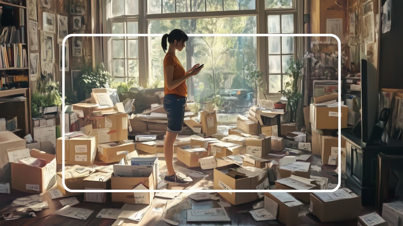 Woman standing in a cluttered room full of cardboard boxes and letters, using her phone