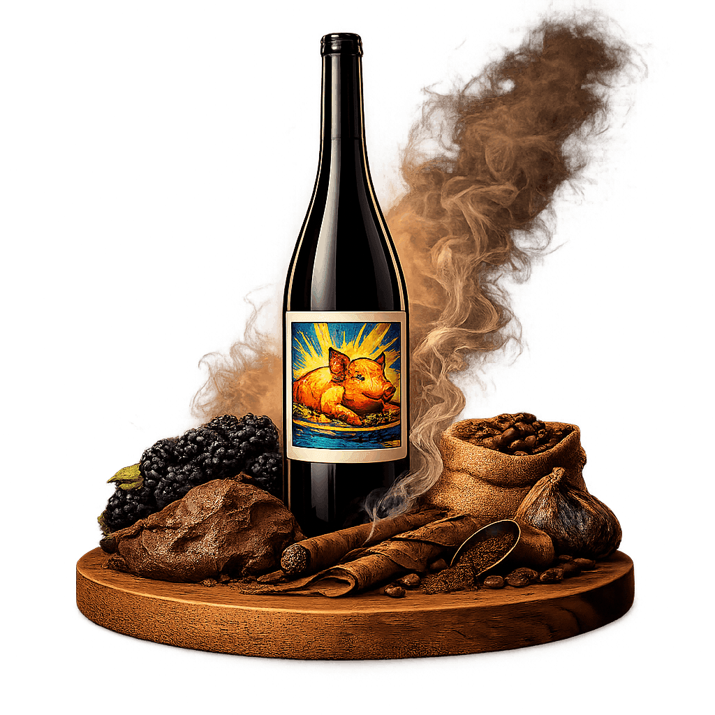 Artistic label and flavor profile for Portuguese Bairrada Baga on a rustic wooden table.