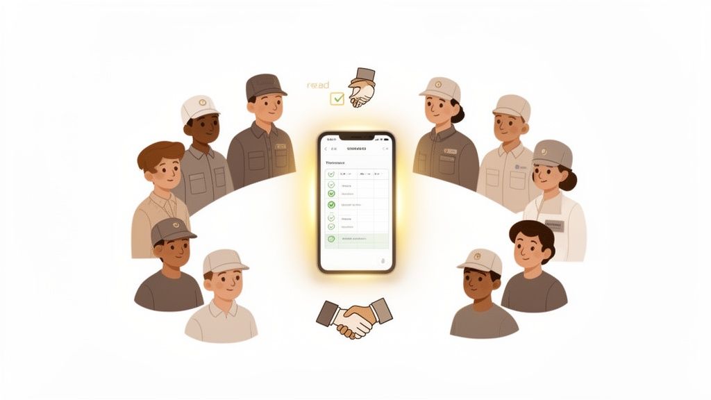 Diverse workforce surrounding a mobile app displaying completed tasks, symbolizing efficient team management.