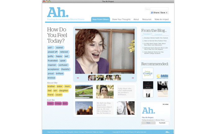 A screenshot of the Ah! website shows a woman with red hair smiling in a purple top. The website includes navigation links like "Hear From Others," "Share Your Thoughts," and "Resources." A sidebar titled "From the Blog" lists several blog posts with titles and descriptions. A "Recommended" section displays articles with titles like "Bring Change" and "Bring Health." A search bar and navigation menu are visible at the top. The website is primarily blue and white.