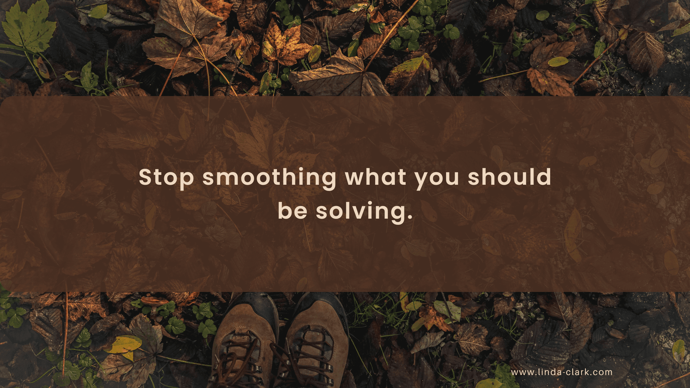A photo of a forest floor covered in leaves and looking down at your boots in the leaves. The title of the blog post is on a brown background and says Feedback for High Performers: Coaching Perfectionists | Linda Clark