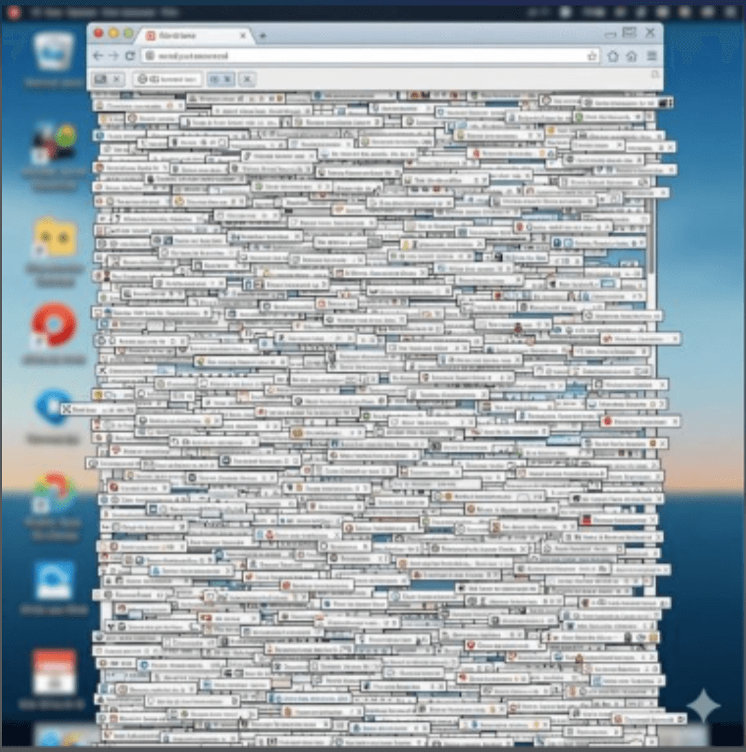 Screenshot of a browser window overflowing with open tabs. Alt text: Screenshot of a browser window overflowing with open tabs.
