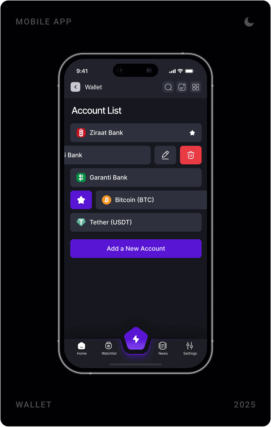 Professional Wallet Account Management Screen Design
