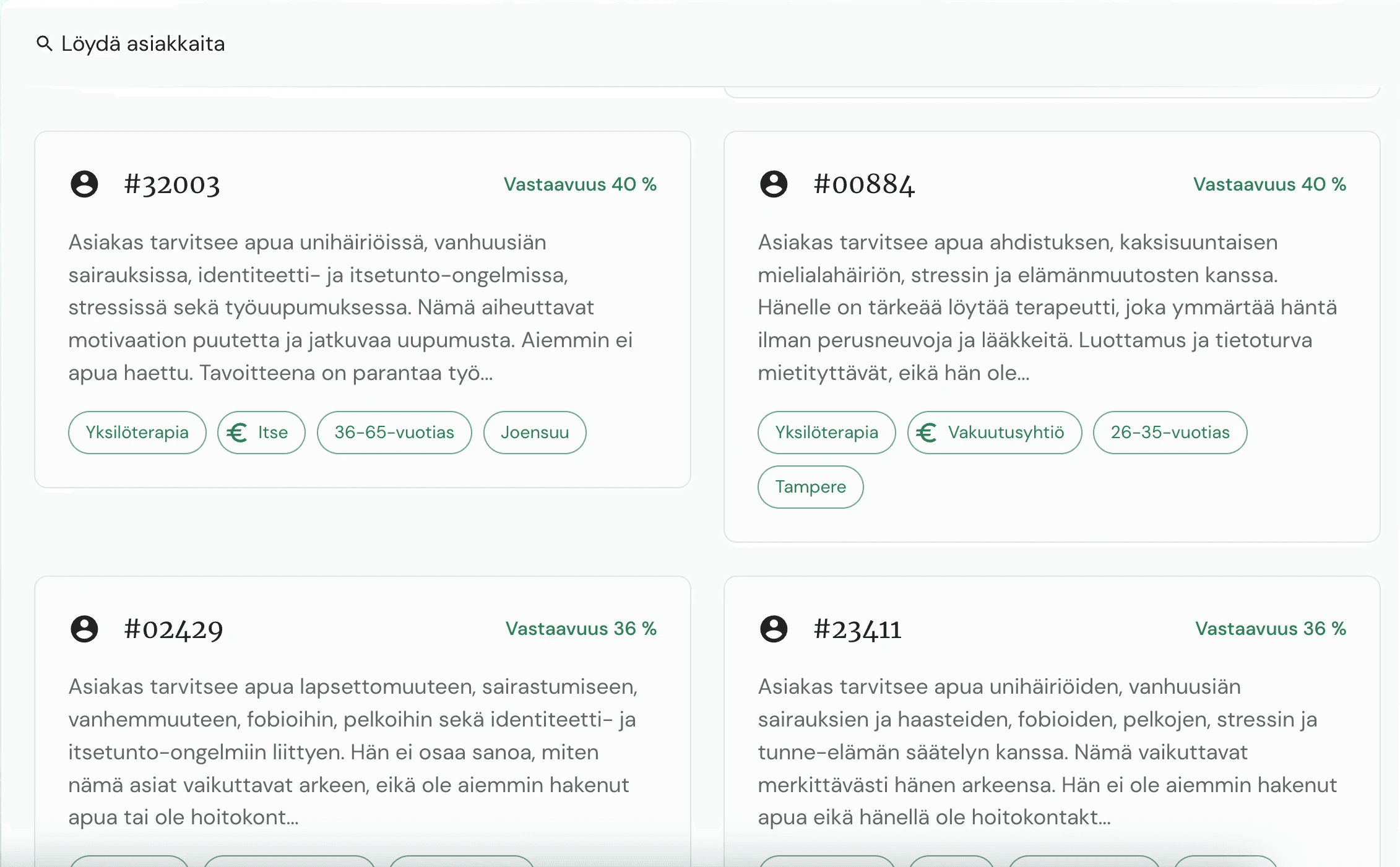 Mielenterveys asiakkaiden jättämiä yhteydenottopyyntöjä