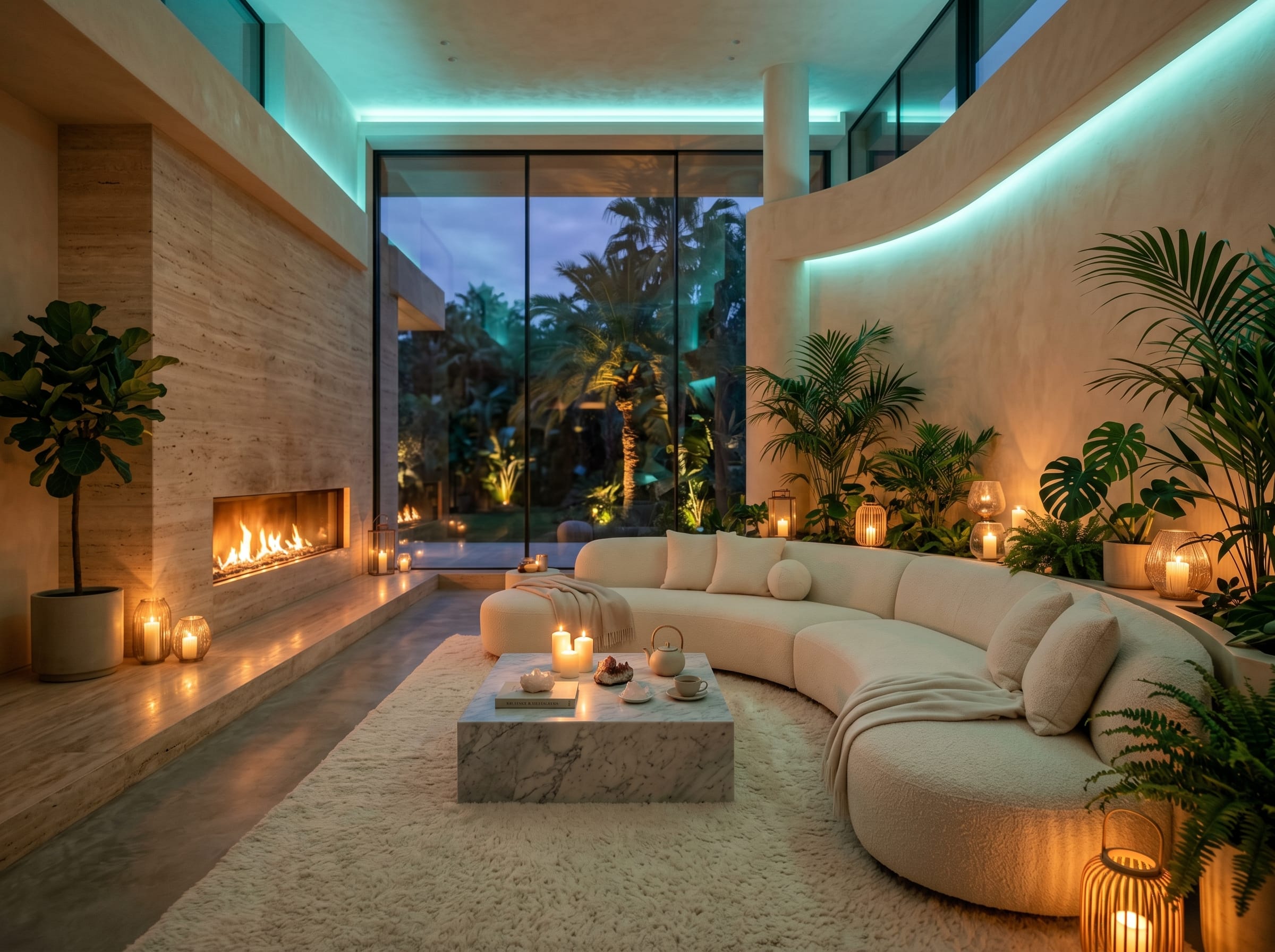 Modern luxury wellness lounge with curved sofa, fireplace, candles, and indoor plants
