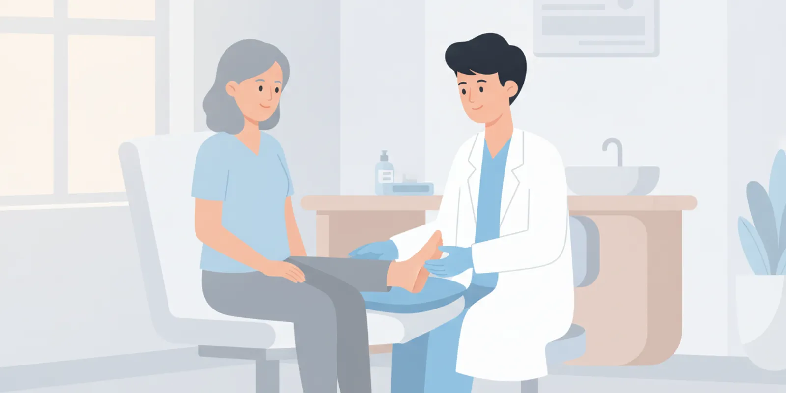 Podiatrist examining a patient's foot in a calm clinical setting