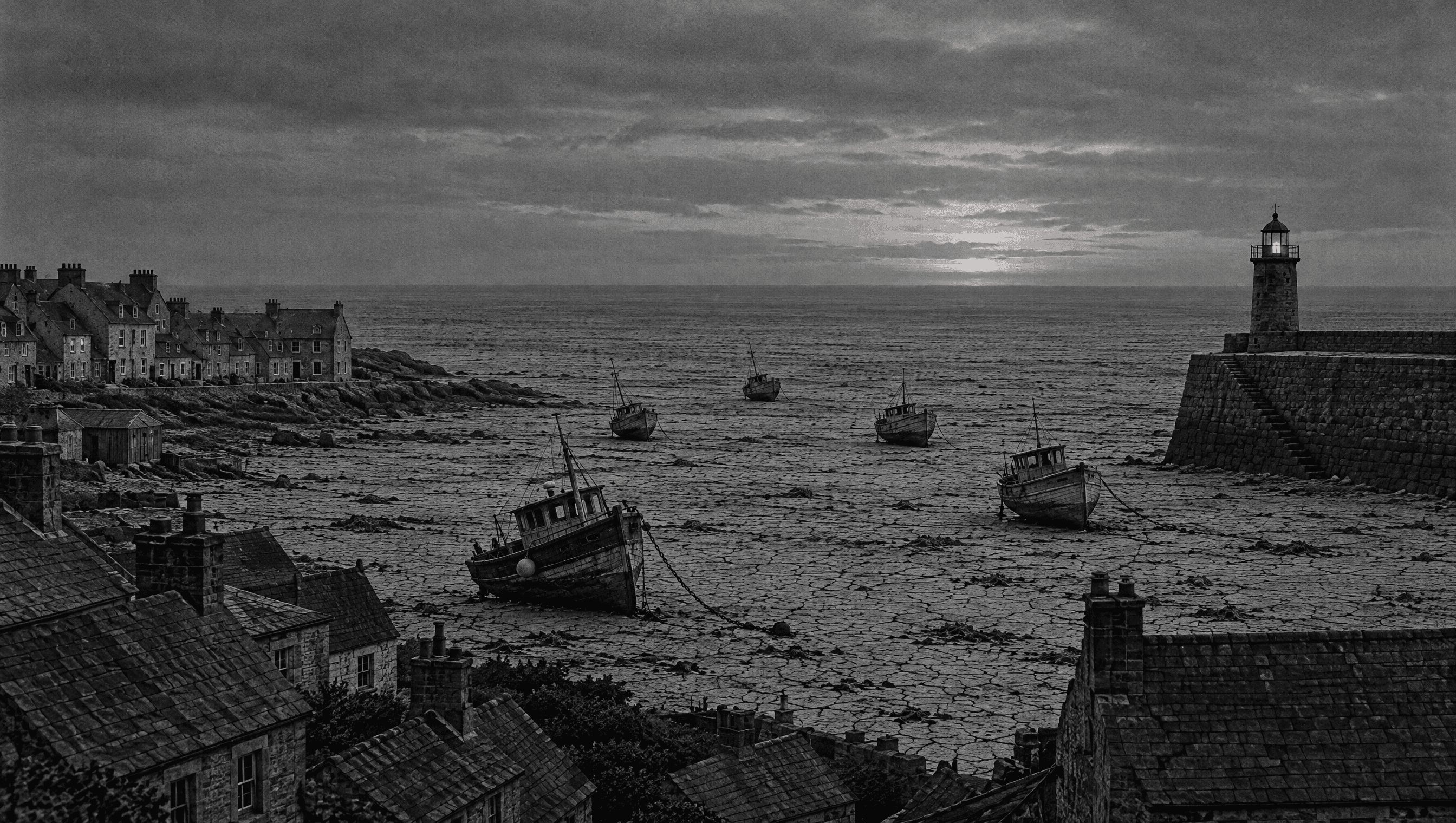 An old stone lighthouse at dusk above a dry, cracked harbour, stranded boats and village rooftops below