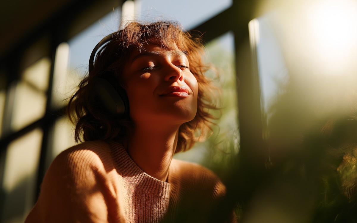 A woman with headphones, eyes closed, enjoys the warm sunlight streaming through a window. She has a serene expression, with soft light on her face.