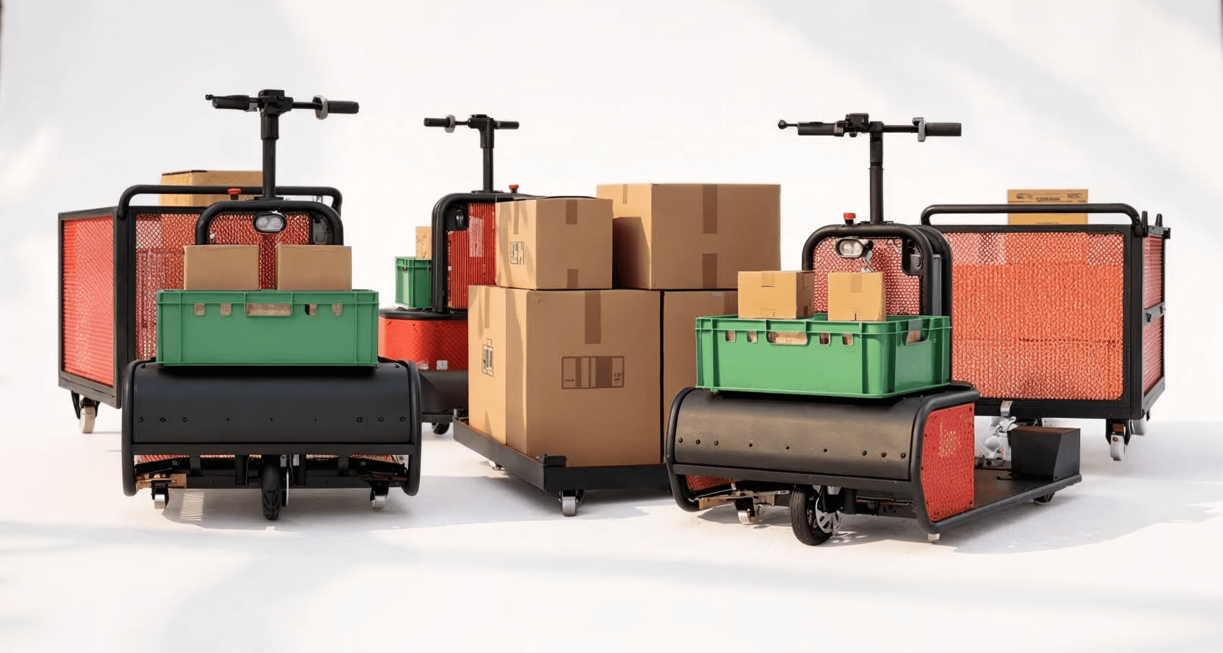 “Front view of multiple Hergele Mobility Tugger electric towing vehicles carrying green stackable plastic IFCO cases and cardboard boxes, designed for heavy load towing and efficient warehouse logistics operations.