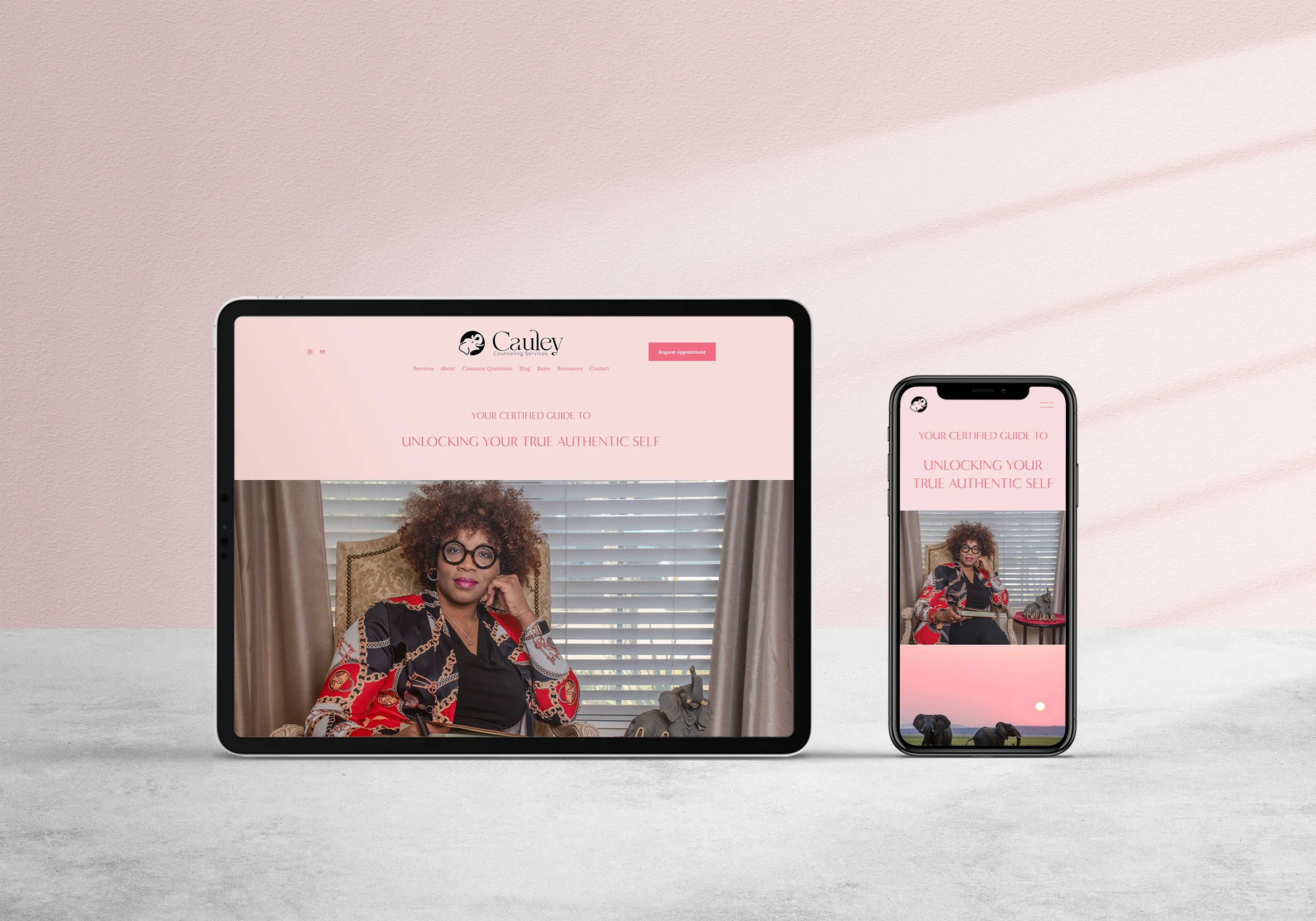 Website layout for Cauley in ipad and iphone in front of soft pink background.
