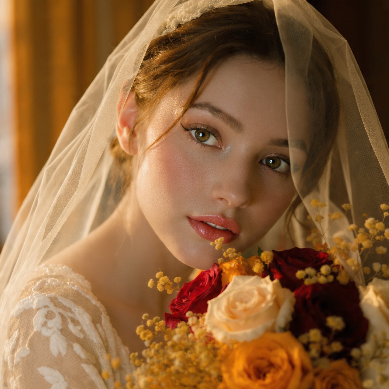 A bride in a lace dress and veil holding an autumn-toned bouquet.
